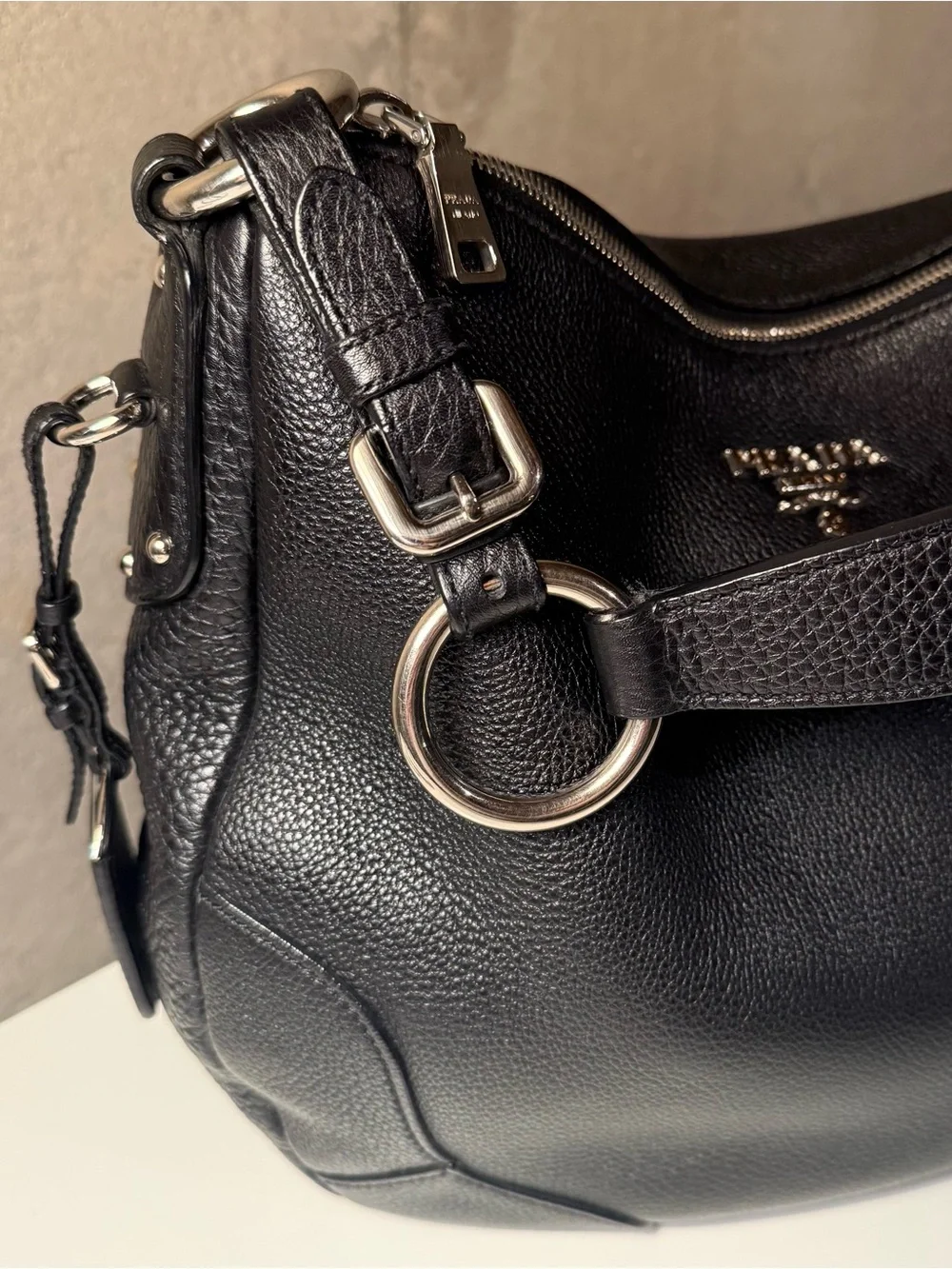 PRADA Vitello Daino Hobo in Black Leather with Silver Hardware